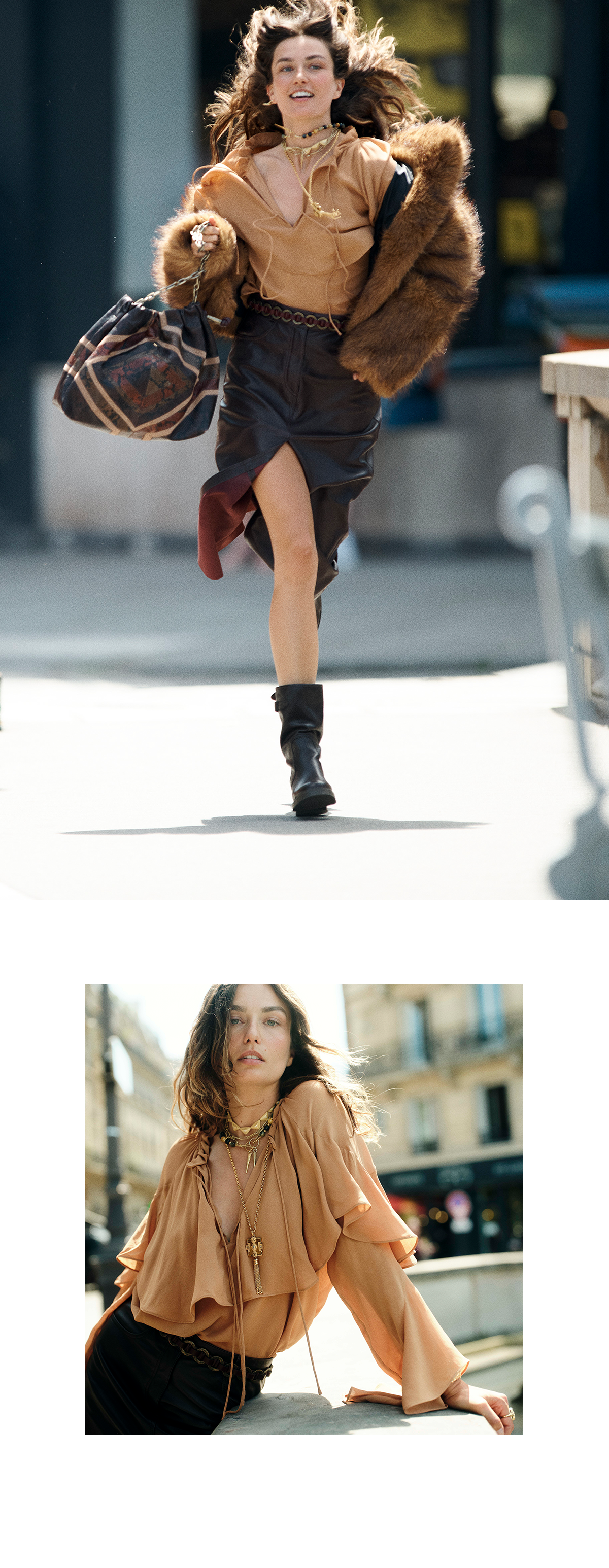 Andreea running through the streets of Paris with the new June Patchwork Bag